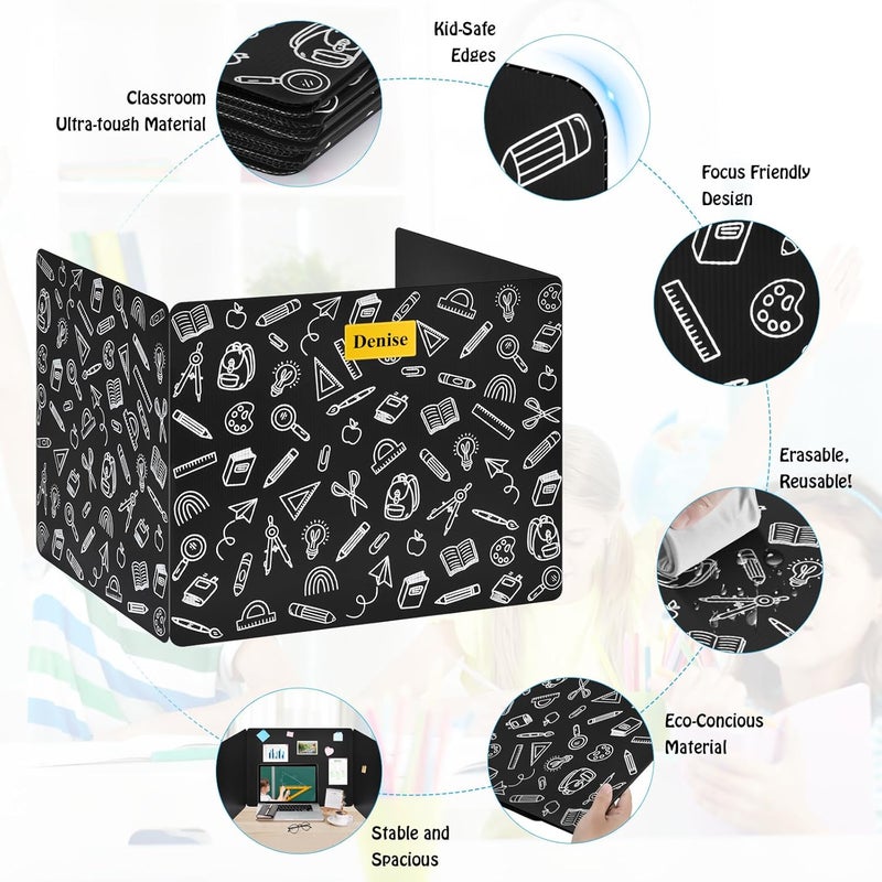 Bcabo 24 Pack Black Printing Privacy Floders for Student Desks - Durable Plastic Erasable - Testing Dividers for Classroom - Easy Clean Privacy Shields for Student - Includes Extra Labels - Image 2